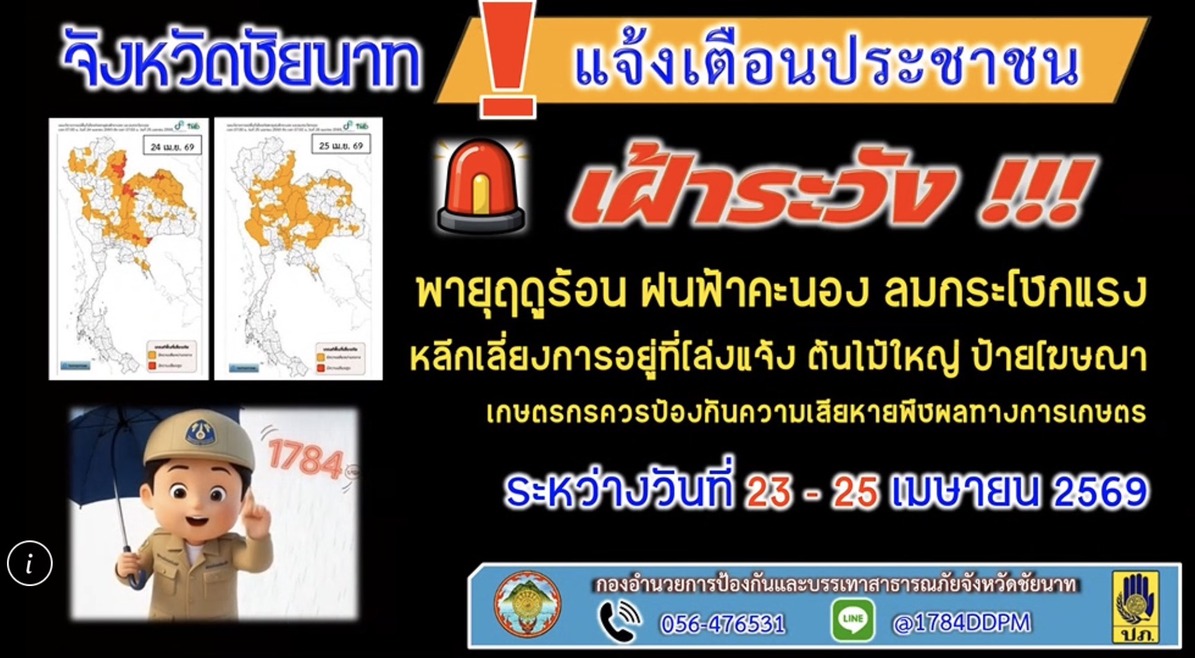 ชัยนาทแจ้งเตือนพายุฤดูร้อน 23-25 เม.ย. นี้ กอปภ.จ. สั่งเตรียมพร้อมรับมือฝนฟ้าคะนอง-ลมกระโชกแรงตลอด 24 ชั่วโมง