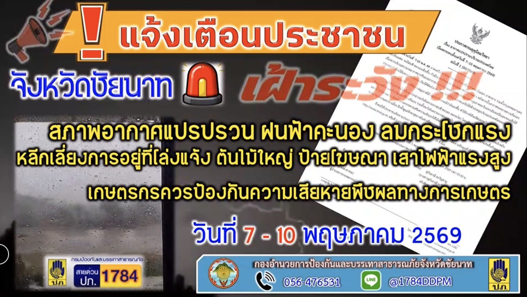 จ.ชัยนาท ออกประกาศด่วนที่สุด แจ้งเตือนประชาชนรับมืออากาศแปรปรวน 7-10 พ.ค. นี้ กำชับทุกอำเภอเตรียมแผนเผชิญเหตุและเฝ้าระวังสาธารณภัยตลอด 24 ชั่วโมง